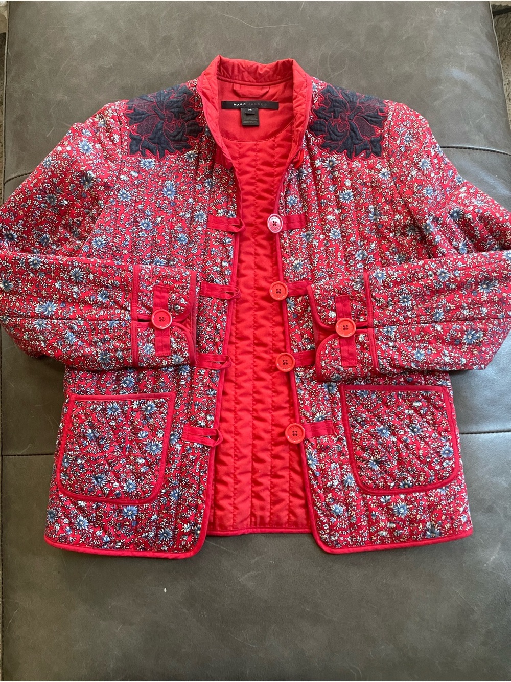 Marc Jacobs Quilted Red Floral-Print Jacket with Navy Embroidered Yoke